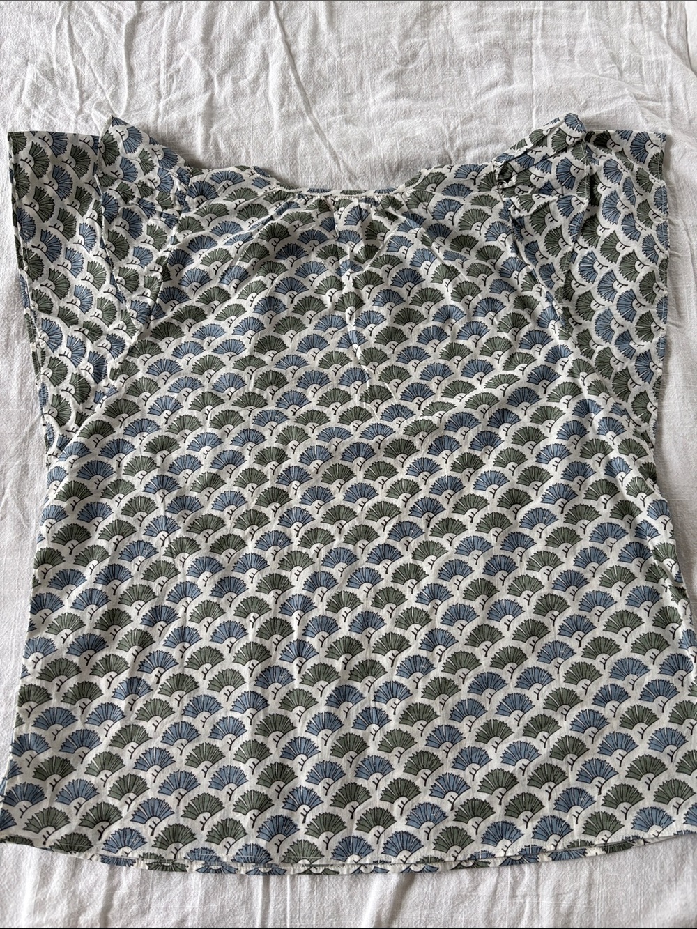 Marea by Liz Joy blockprint blouse, cap sleeves, blue/green/white, cotton,size S - Picture 8 of 8